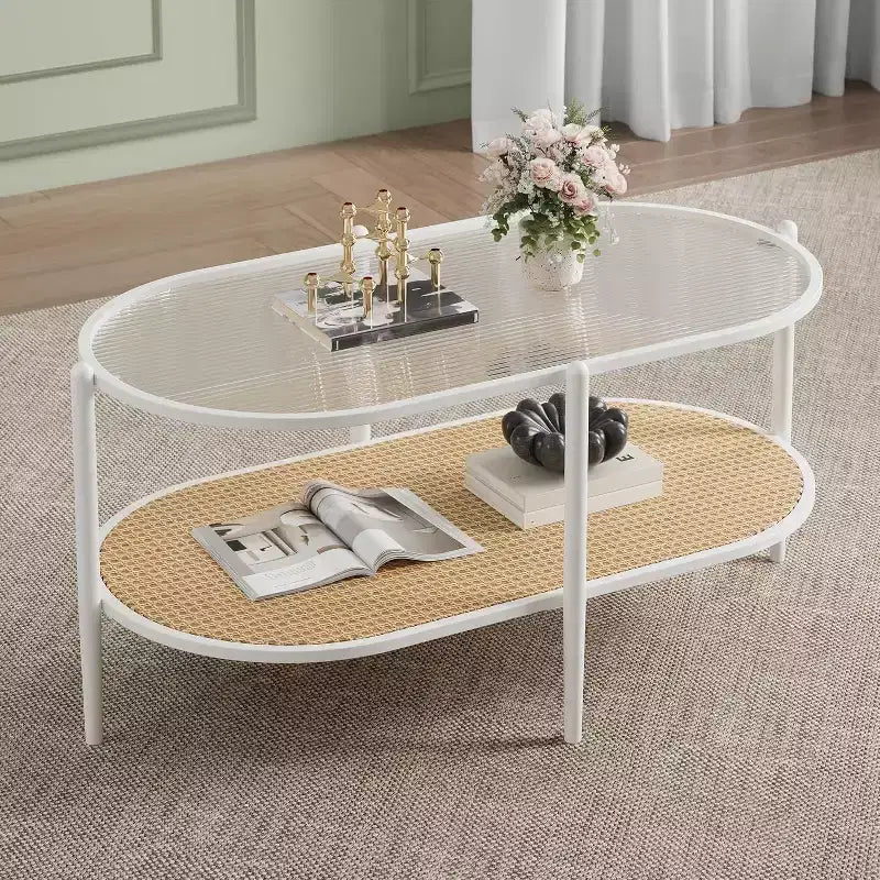 Tavolino da Caffè Ovale a 2 Livelli Bianco/Nero con Ripiano in Rattan e Piano in Vetro