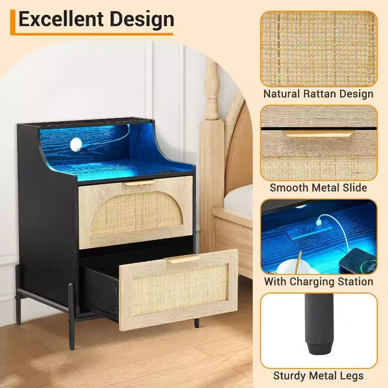 Comodino in Rattan Nero con 2 Cassetti, Prese e USB, Illuminazione RGB, 1 Posto