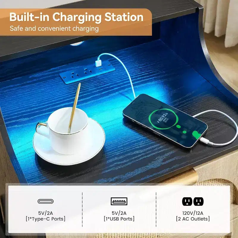 Comodino in Rattan Nero con 2 Cassetti, Prese e USB, Illuminazione RGB, 1 Posto