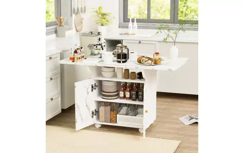 Tavolo da pranzo pieghevole bianco/grigio con ruote e contenitore – Posti fino a 6