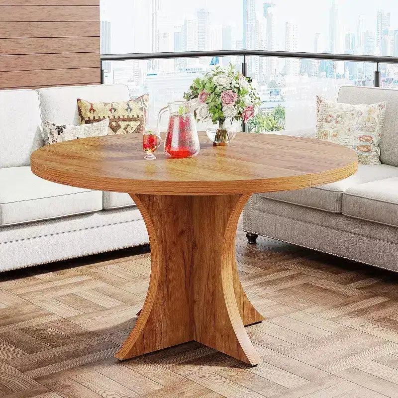 Tavolo da pranzo rotondo marrone per 4-6 persone, base a piedistallo, 120 cm