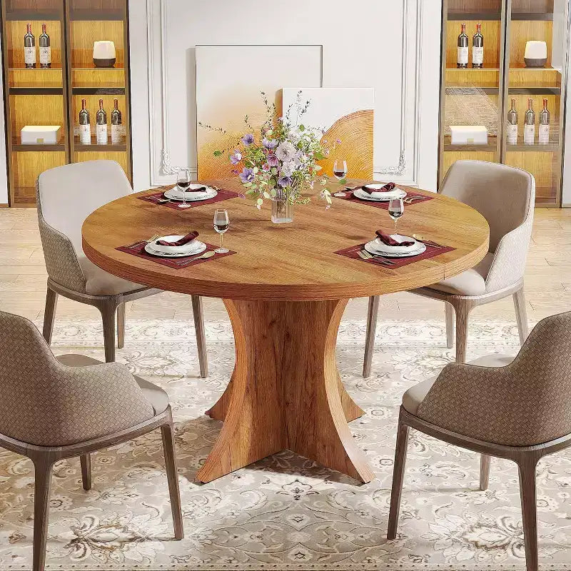 Tavolo da pranzo rotondo marrone per 4-6 persone, base a piedistallo, 120 cm