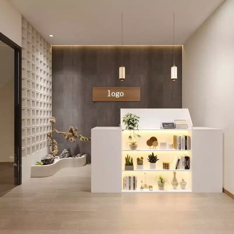 Bancone reception/cassa bianco con ripiani illuminati a LED, vano contenitore con serratura e ripiano estraibile per tastiera – Postazione singola