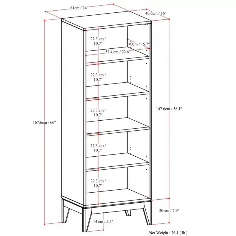 Libreria a 5 ripiani marrone noce scuro, stile moderno di metà secolo, singola