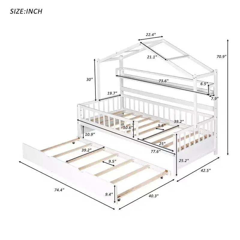Struttura letto White Wood House con letto estraibile – Twin/Full, 1 bambino