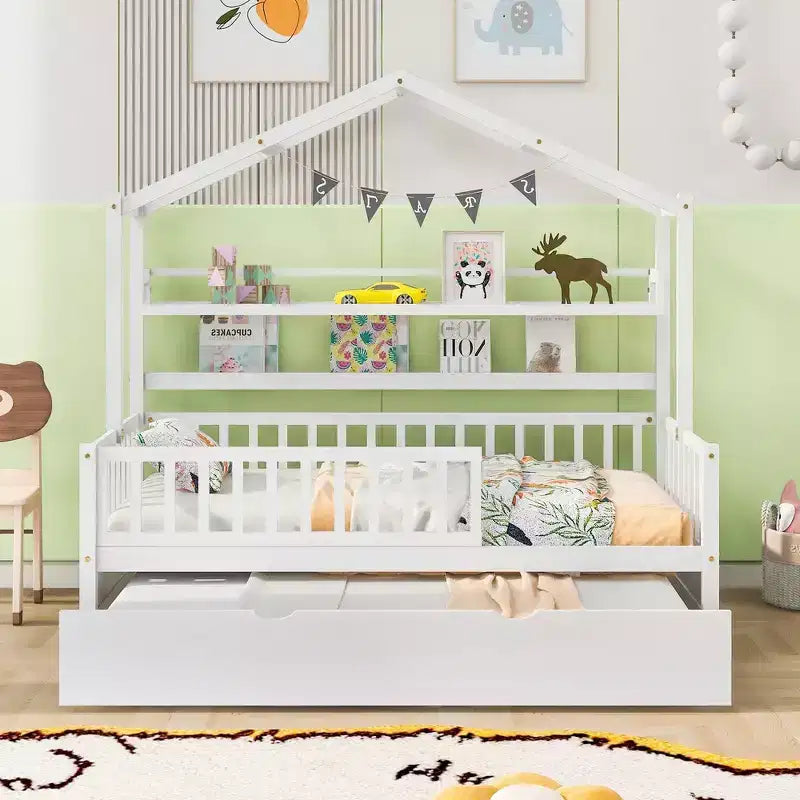Struttura letto White Wood House con letto estraibile – Twin/Full, 1 bambino