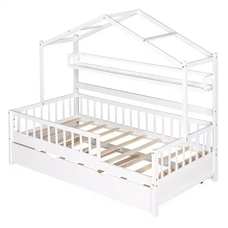Struttura letto White Wood House con letto estraibile – Twin/Full, 1 bambino