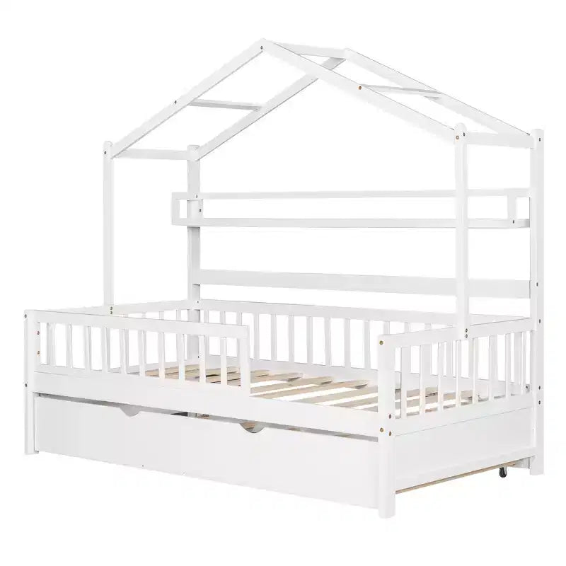 Struttura letto White Wood House con letto estraibile – Twin/Full, 1 bambino