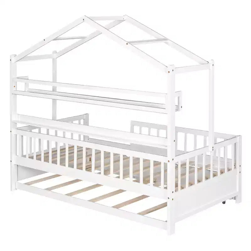 Struttura letto White Wood House con letto estraibile – Twin/Full, 1 bambino