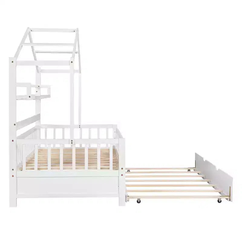 Struttura letto White Wood House con letto estraibile – Twin/Full, 1 bambino
