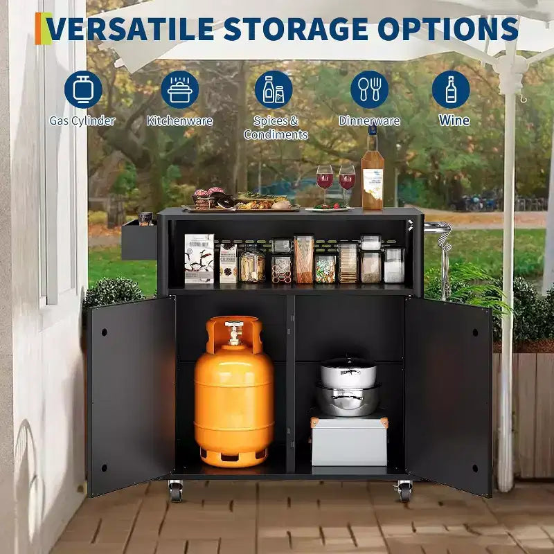 Carrello barbecue per esterni in acciaio inossidabile e nero con spazio di archiviazione, utente singolo
