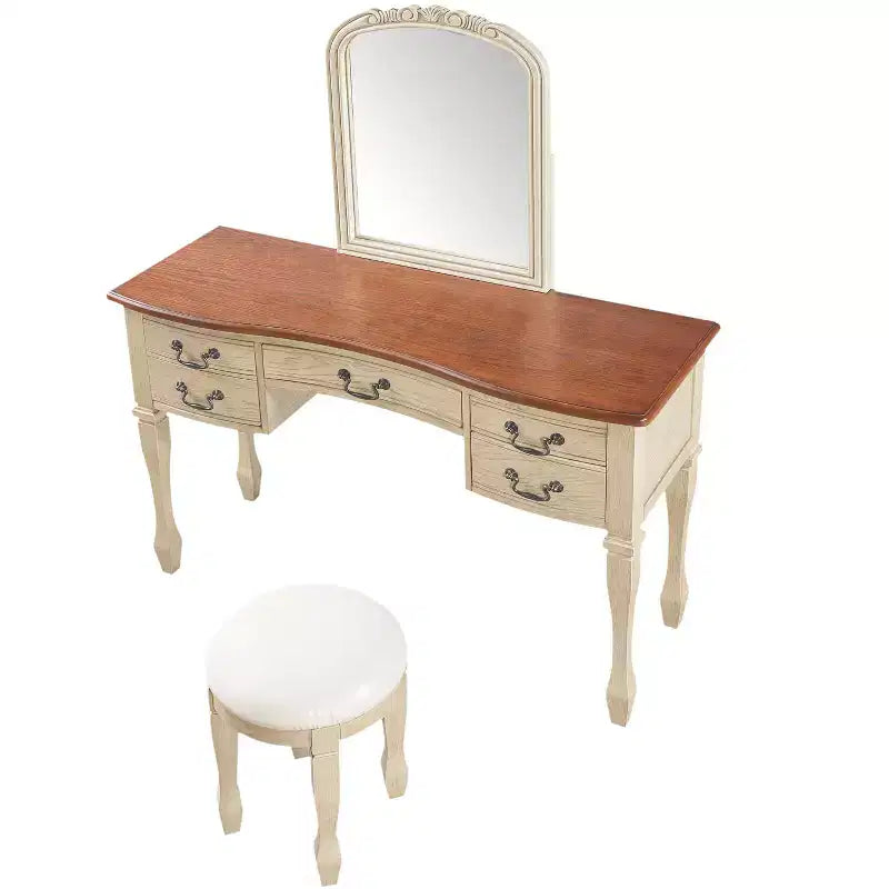 Toeletta vintage marrone e bianco antico con specchio e sgabello, 1 persona, 5 cassetti