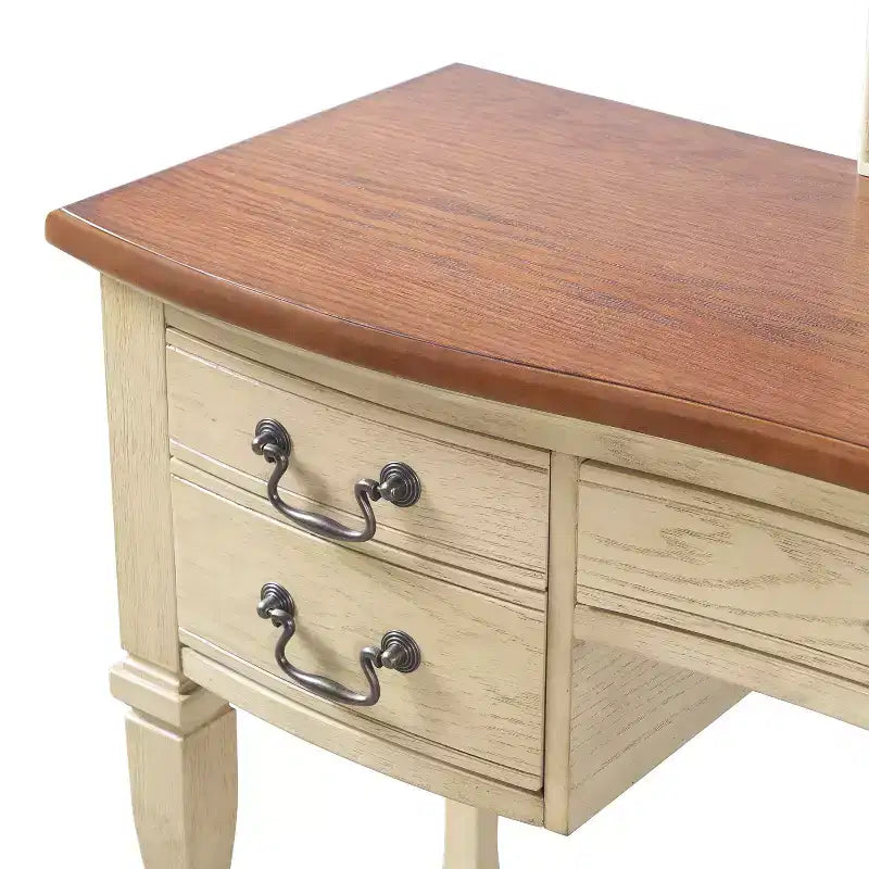 Toeletta vintage marrone e bianco antico con specchio e sgabello, 1 persona, 5 cassetti