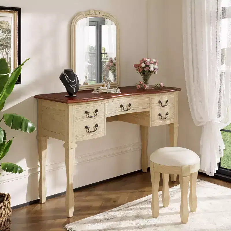 Toeletta vintage marrone e bianco antico con specchio e sgabello, 1 persona, 5 cassetti