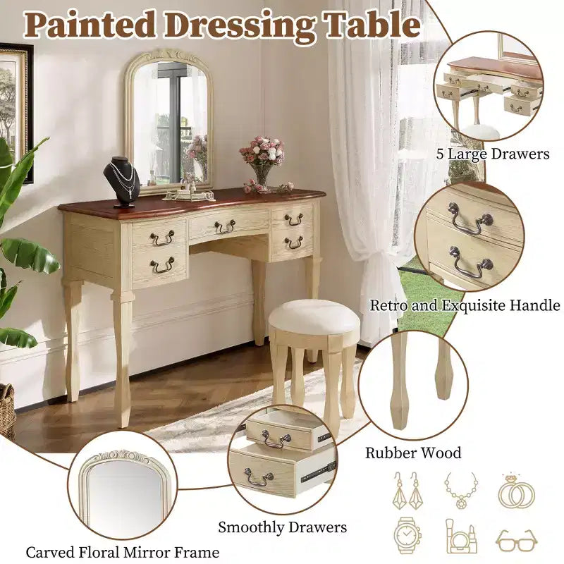 Toeletta vintage marrone e bianco antico con specchio e sgabello, 1 persona, 5 cassetti