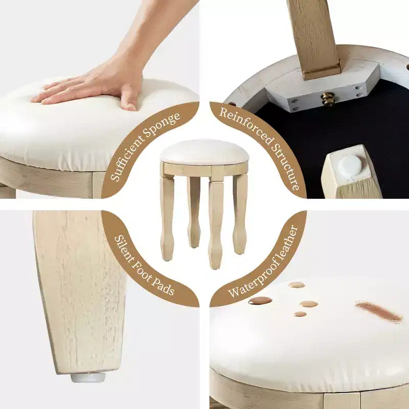 Toeletta vintage marrone e bianco antico con specchio e sgabello, 1 persona, 5 cassetti