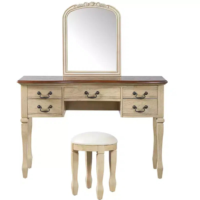 Toeletta vintage marrone e bianco antico con specchio e sgabello, 1 persona, 5 cassetti