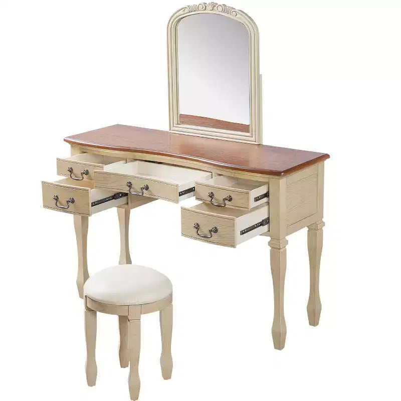 Toeletta vintage marrone e bianco antico con specchio e sgabello, 1 persona, 5 cassetti