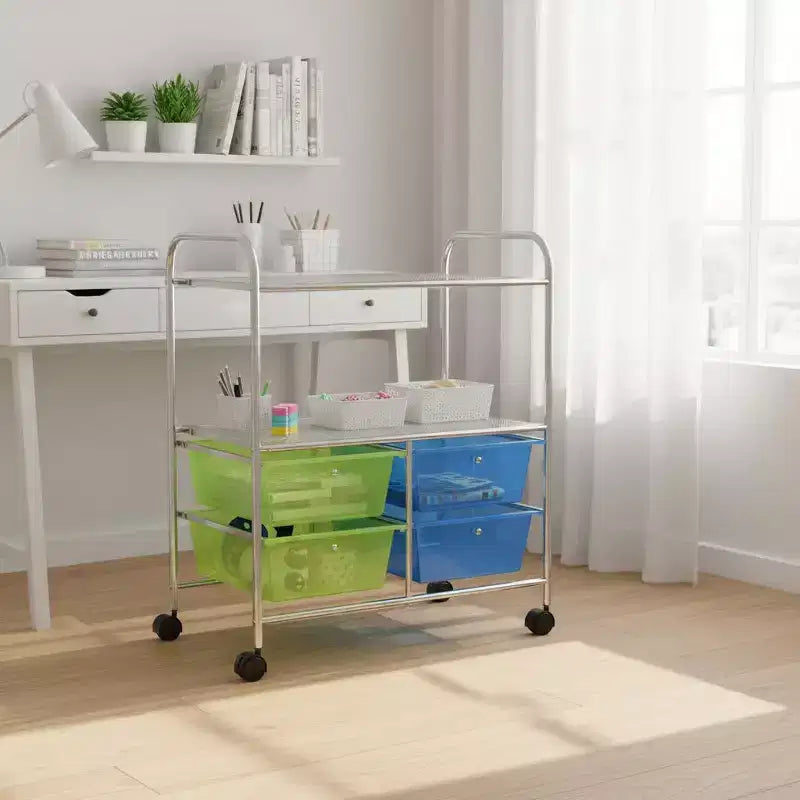 Carrello portaoggetti con 4 cassetti, rosa acceso/multicolore