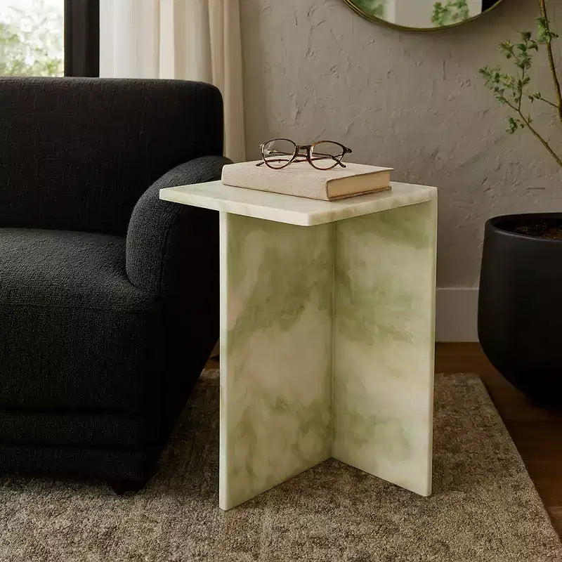 Tavolino d'appoggio/Comodino rettangolare in marmo, Verde/Marrone/Bianco