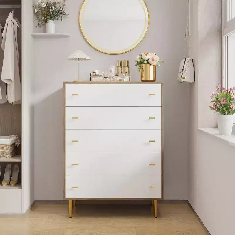 Cassettiera alta a 5 cassetti bianco/legno naturale, stile rustico country, montaggio a 1 persona