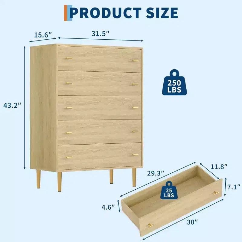 Cassettiera alta a 5 cassetti bianco/legno naturale, stile rustico country, montaggio a 1 persona
