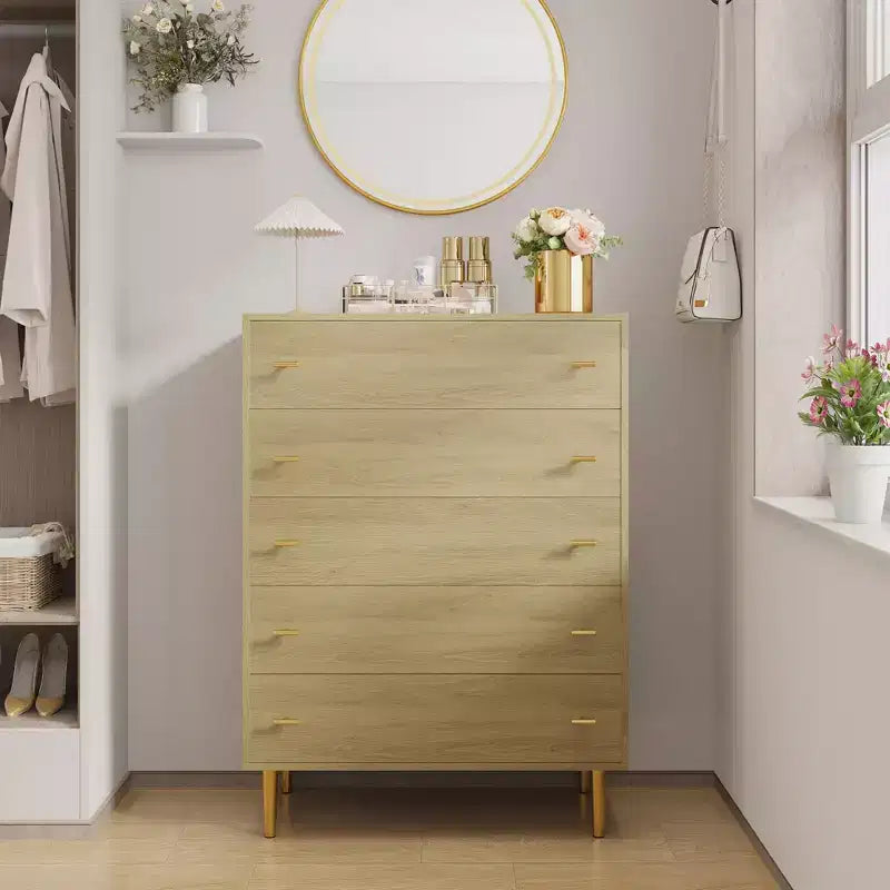 Cassettiera alta a 5 cassetti bianco/legno naturale, stile rustico country, montaggio a 1 persona