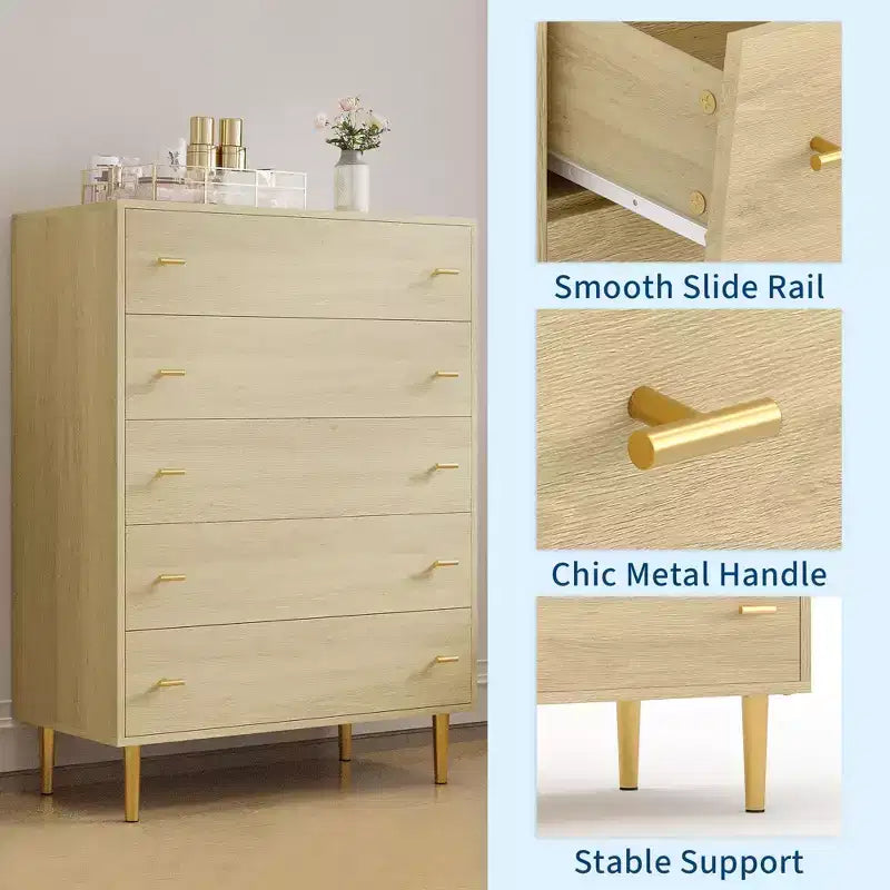 Cassettiera alta a 5 cassetti bianco/legno naturale, stile rustico country, montaggio a 1 persona
