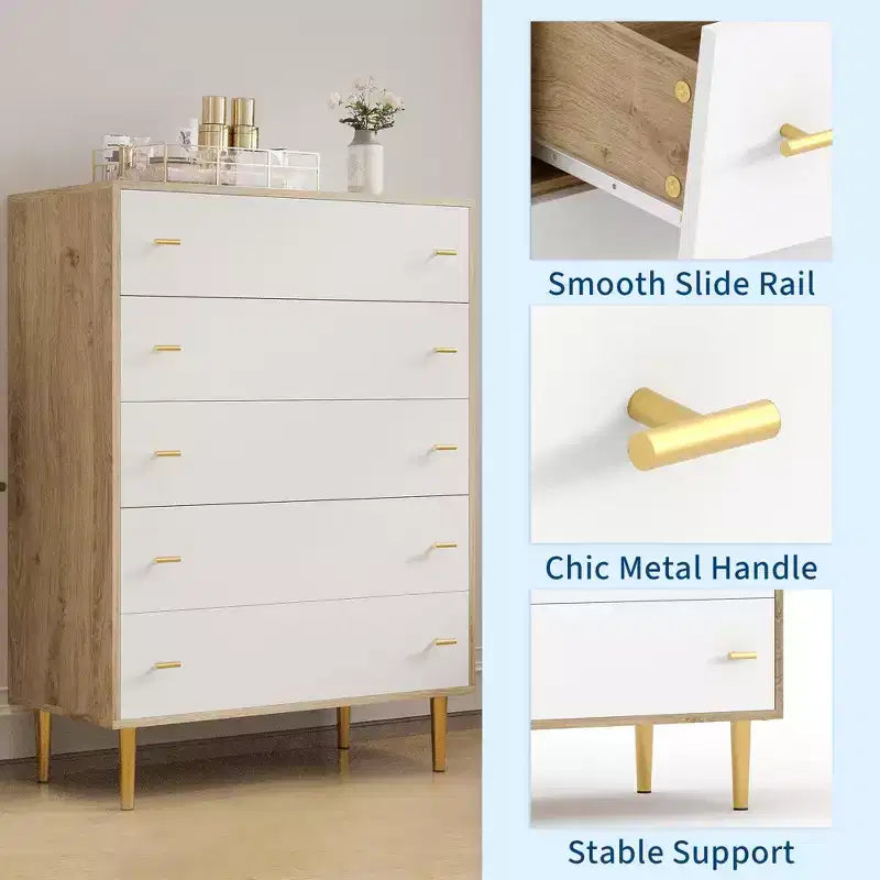 Cassettiera alta a 5 cassetti bianco/legno naturale, stile rustico country, montaggio a 1 persona