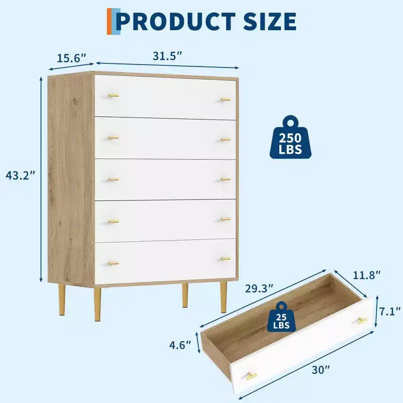 Cassettiera alta a 5 cassetti bianco/legno naturale, stile rustico country, montaggio a 1 persona
