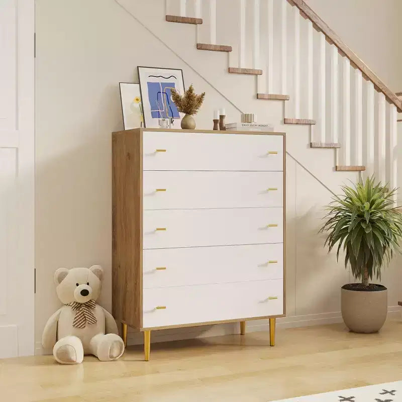 Cassettiera alta a 5 cassetti bianco/legno naturale, stile rustico country, montaggio a 1 persona