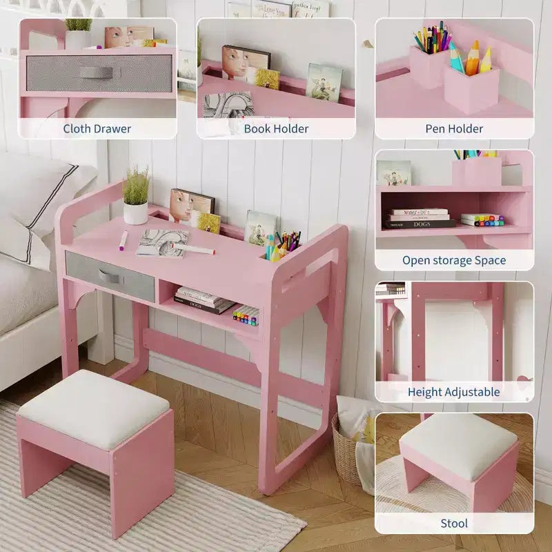 Set Scrivania e Sedia per Bambini Blu/Rosa/Bianco, 1 Bambino, in Legno