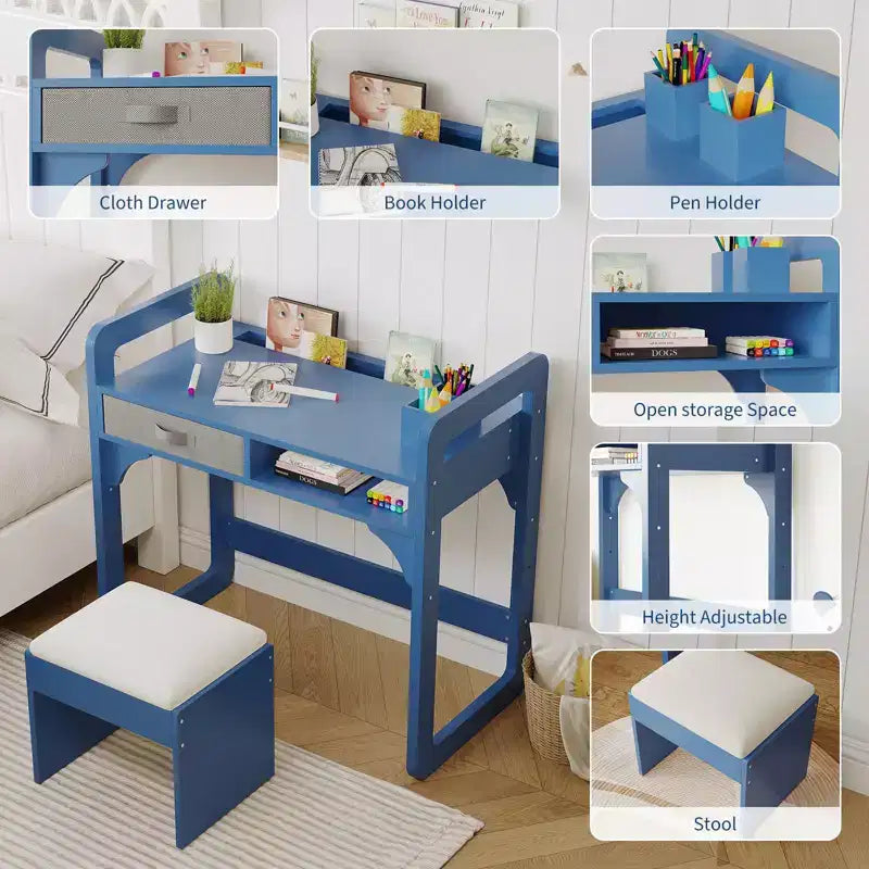 Set Scrivania e Sedia per Bambini Blu/Rosa/Bianco, 1 Bambino, in Legno