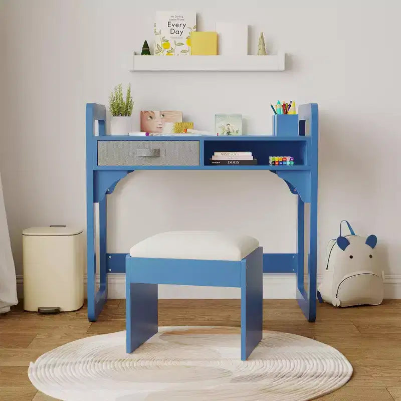 Set Scrivania e Sedia per Bambini Blu/Rosa/Bianco, 1 Bambino, in Legno