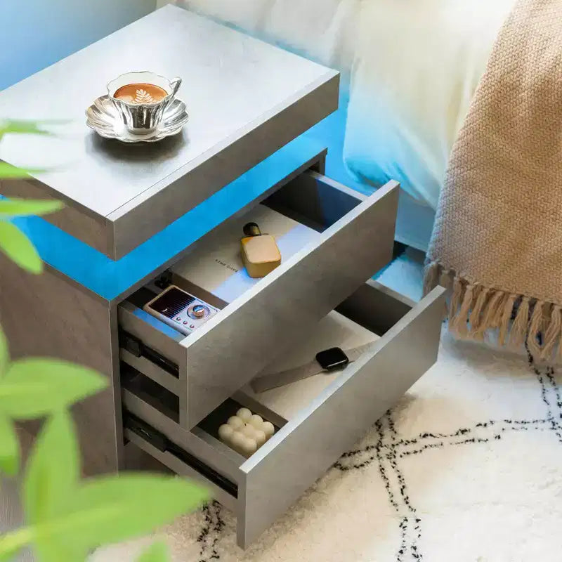 Comodino grigio a 2 cassetti con luce ambiente a LED, 1 persona