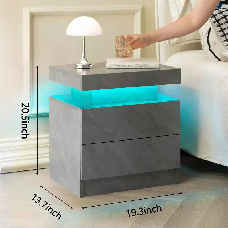 Comodino grigio a 2 cassetti con luce ambiente a LED, 1 persona