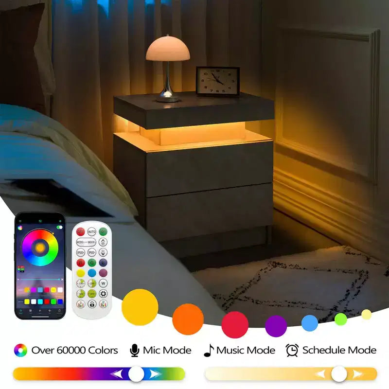 Comodino grigio a 2 cassetti con luce ambiente a LED, 1 persona