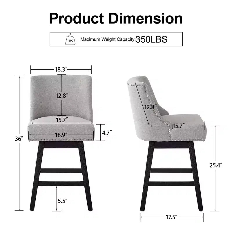 Sgabello da bar girevole imbottito in lino beige/grigio, schienale basso, set da 2
