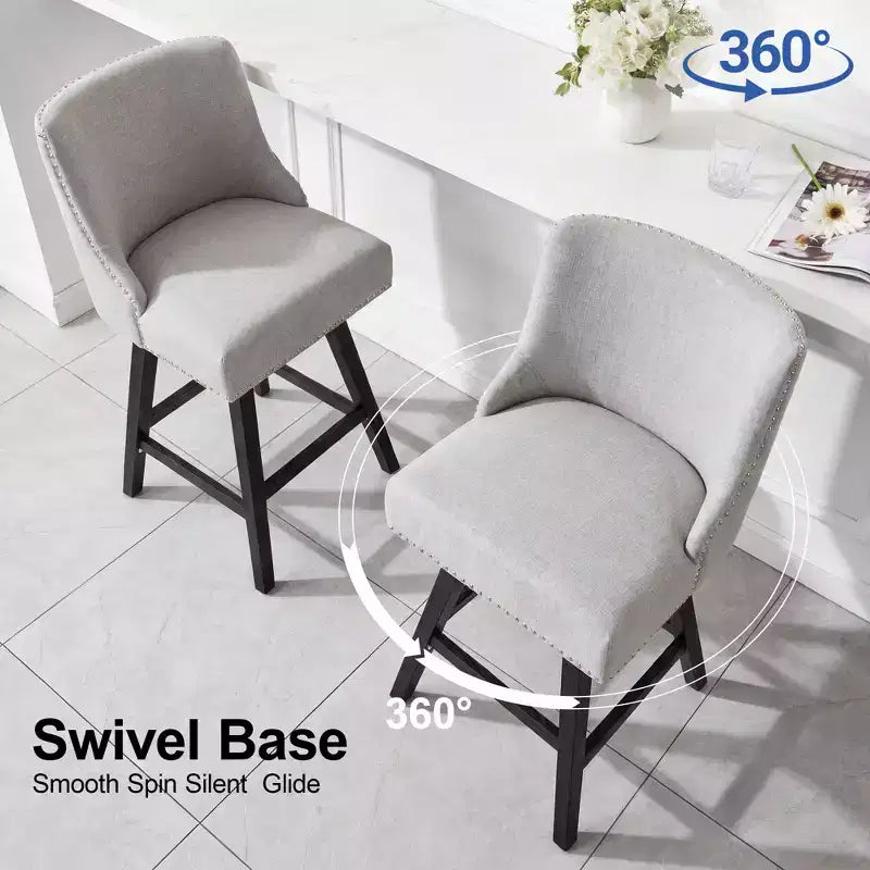 Sgabello da bar girevole imbottito in lino beige/grigio, schienale basso, set da 2