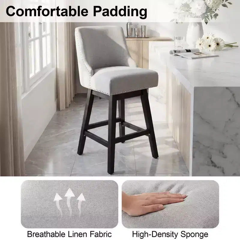 Sgabello da bar girevole imbottito in lino beige/grigio, schienale basso, set da 2