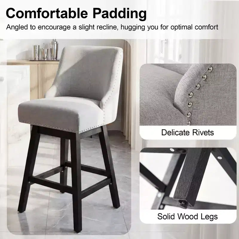 Sgabello da bar girevole imbottito in lino beige/grigio, schienale basso, set da 2