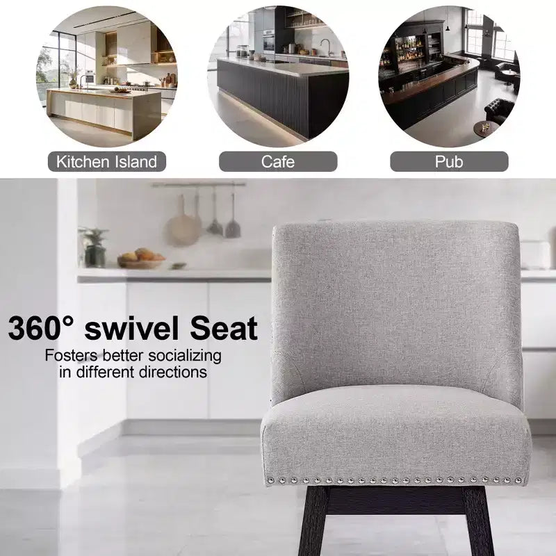 Sgabello da bar girevole imbottito in lino beige/grigio, schienale basso, set da 2