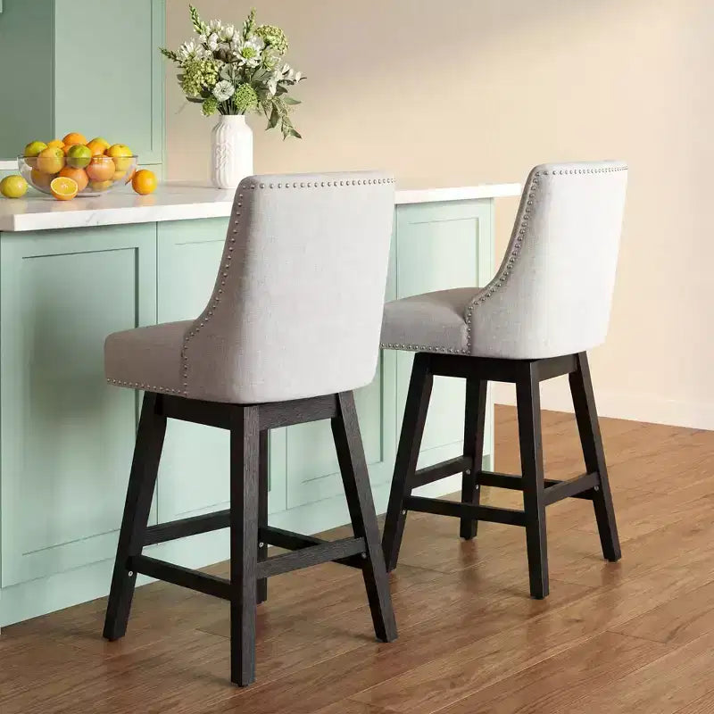 Sgabello da bar girevole imbottito in lino beige/grigio, schienale basso, set da 2