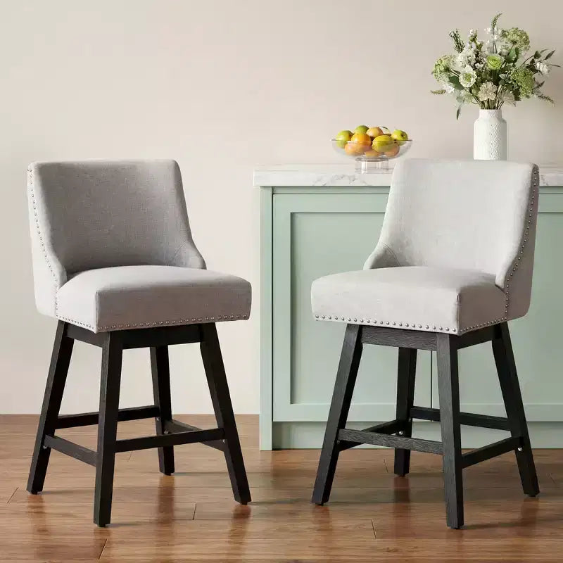 Sgabello da bar girevole imbottito in lino beige/grigio, schienale basso, set da 2