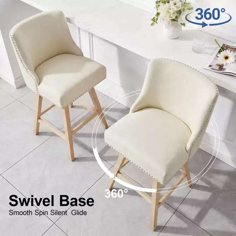 Sgabello da bar girevole imbottito in lino beige/grigio, schienale basso, set da 2