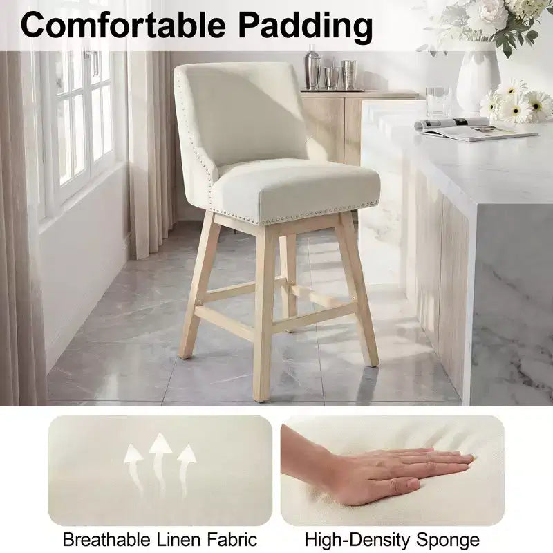 Sgabello da bar girevole imbottito in lino beige/grigio, schienale basso, set da 2