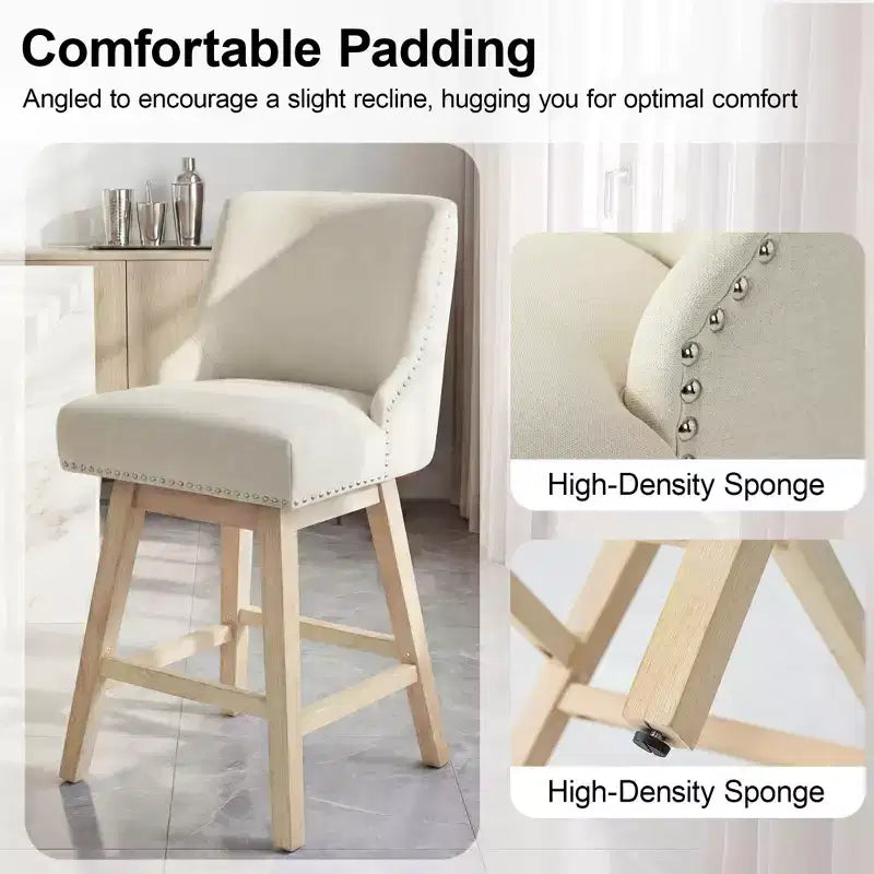 Sgabello da bar girevole imbottito in lino beige/grigio, schienale basso, set da 2