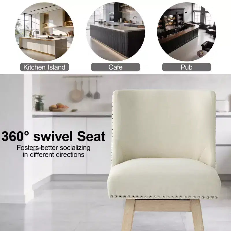 Sgabello da bar girevole imbottito in lino beige/grigio, schienale basso, set da 2