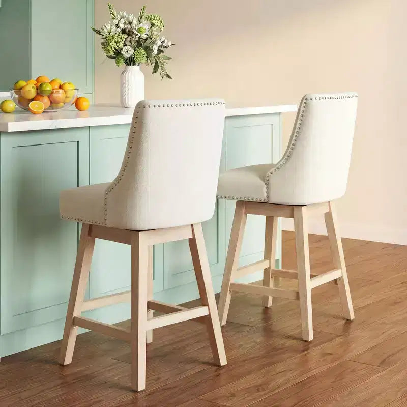 Sgabello da bar girevole imbottito in lino beige/grigio, schienale basso, set da 2
