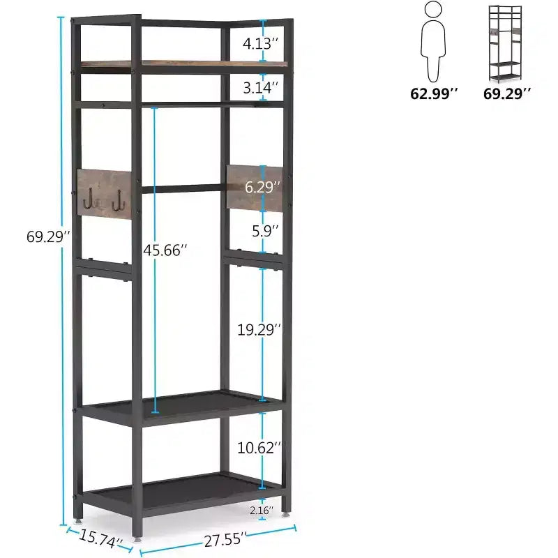 Guardaroba appendiabiti da 175 cm con ripiani e ganci, Marrone e Nero, 1 persona